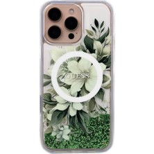 iPhone 16 Pro Max Uyumlu Kılıf Guess Orjinal Lisanslı Magsafe Özellik Sıvılı Simli Çiçek Desen Yeşil