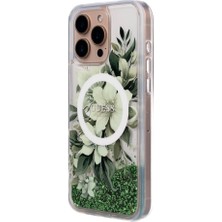iPhone 16 Pro Max Uyumlu Kılıf Guess Orjinal Lisanslı Magsafe Özellik Sıvılı Simli Çiçek Desen Yeşil