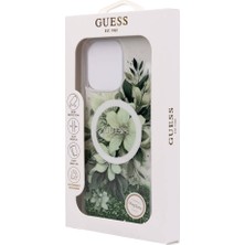 iPhone 16 Pro Max Uyumlu Kılıf Guess Orjinal Lisanslı Magsafe Özellik Sıvılı Simli Çiçek Desen Yeşil