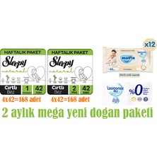 Sleepy Natural 2 Aylık Mega Fırsat Paketi 1 Numara Newborn Bebek Bezi 168 Adet ve 2 Numara Mini Bebek Bezi 168 Adet Molfix Izotonik Sulu Islak Mendil Yenidoğan 600 Adet