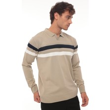 Miron Bej Çizgili Polo Yaka Triko Kazak- 2444