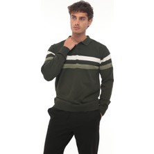 Miron Haki Çizgili Polo Yaka Triko Kazak- 2444