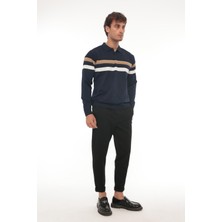 Miron Lacivert Çizgili Polo Yaka Triko Kazak- 2444