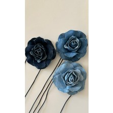 Âlâ Atelier Bağcıklı Kot Kumaş Çiçek Choker Kolye Kot Gül Kolye Koyu Mavi