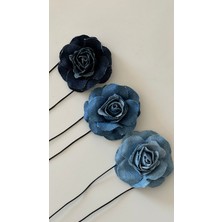 Âlâ Atelier Bağcıklı Kot Kumaş Çiçek Choker Kolye Kot Gül Kolye Koyu Mavi