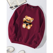Softway Oversize Bisiklet Yaka Basic Billionaire Baskılı Sweatshirt - Bordo