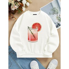 Softway Oversize Bisiklet Yaka Basic Orange Cocktail Baskılı Sweatshirt - Ekru