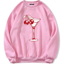 Softway Oversize Bisiklet Yaka Basic Cherry Cocktail Baskılı Sweatshirt - Pembe