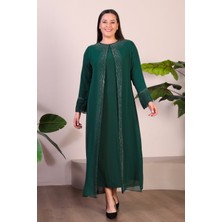 FERACE Kadin Buyuk Beden Taşlı ve Inci Desenli Kolları Piliseli Anne Tesettur Abiye Takım Zümrüt Yeşili