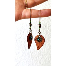 N House Ahşap Yaprak Formunda, Boncuk Detaylı Küpe / Vintage