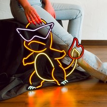 Charmander Neon Duvar Süsü | Metal Üzerine Neon Duvar Dekoru Renkli LED , 48 cm x 50.7 cm