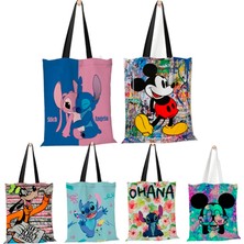 Ling Yinteng Lingyinteng Disney Kadın Tote Çanta Mickey Mouse Lilo ve Dikiş Kanvas Tote Büyük Kapasiteli Alışveriş Çantası Kız Omuz Çantası (Yurt Dışından)
