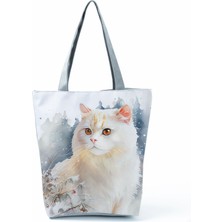 Ling Yinteng Lingyinteng Sevimli Suluboya Kedi Baskı Çanta Büyük Kapasiteli Gündelik Kadın Çanta Güzel Karikatür Alışveriş Çantası Katlanabilir Seyahat Plaj Çantası (Yurt Dışından)