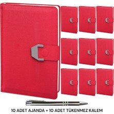 Oranlı Promosyon 10 Adet 2025 Ajanda Mıknatıs Kapaklı Tarihli Haritalı 16X24 Defter Kırmızı Tükenmez Kalem Hediye