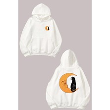 The Wert Unisex The Cat And The Moon Tasarım Ön Arka Baskılı Normal Kalıp Beyaz Sweatshirt