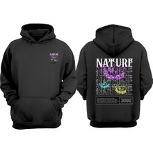 The Wert Unisex Nature Butterfly Tasarım Ön Arka Baskılı Normal Kalıp Siyah Sweatshirt