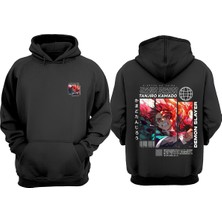 The Wert Unisex Anime Demon Slayer Tanjıro Kamano Tasarım Ön Arka Baskılı Normal Kalıp Siyah Sweatshirt