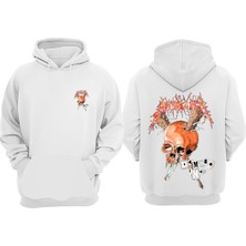 The Wert Unisex Metallıca Kurukafa Tasarım Ön Arka Baskılı Normal Kalıp Beyaz Sweatshirt