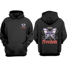 The Wert Unisex Freedom Kelebek Tasarım Ön Arka Baskılı Normal Kalıp Siyah Sweatshirt