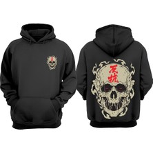 The Wert Unisex Kırmızı Yazılı Kurukafa Tasarım Ön Arka Baskılı Normal Kalıp Siyah Sweatshirt