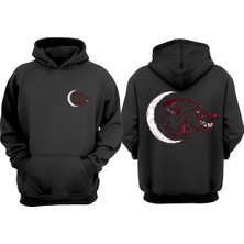 The Wert  Ay Kırmızı Köpek Tasarım Ön Arka Baskılı Normal Kalıp Siyah Sweatshirt