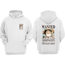 The Wert Unisex Wanted Monkey Luffy Tasarım Ön Arka Baskılı Normal Kalıp Beyaz Sweatshirt