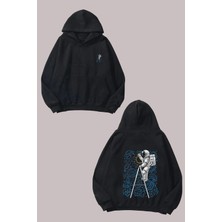 The Wert Unisex Space Doodle Astronot Tasarım Ön Arka Baskılı Normal Kalıp Siyah Sweatshirt