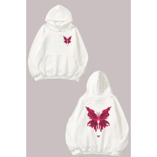 The Wert Unisex Pembe Kelebek Tasarım Ön Arka Baskılı Normal Kalıp Beyaz Sweatshirt