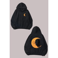 The Wert  The Cat And The Moon Tasarım Ön Arka Baskılı Normal Kalıp Siyah Sweatshirt