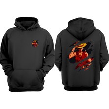 The Wert Unisex Anime Luffy Straw Hat One Piece Kesik Tasarım Ön Arka Baskılı Normal Kalıp Siyah Sweatshirt