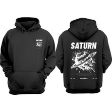 The Wert Unisex Saturn Tasarım Ön Arka Baskılı Normal Kalıp Siyah Sweatshirt