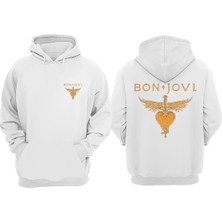 The Wert Unisex Bon Jovi Tasarım Ön Arka Baskılı Normal Kalıp Beyaz Sweatshirt