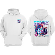 The Wert Unisex Gamer Girl Tasarım Ön Arka Baskılı Normal Kalıp Beyaz Sweatshirt