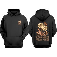 The Wert Unisex Cıcek ve Kelebek Tasarım Ön Arka Baskılı Normal Kalıp Siyah Sweatshirt