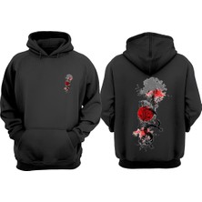 The Wert Unisex Minimalist Japon Agac Red Tasarım Ön Arka Baskılı Normal Kalıp Siyah Sweatshirt