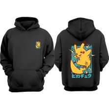 The Wert Unisex Anime Pikacu Tasarım Ön Arka Baskılı Normal Kalıp Siyah Sweatshirt