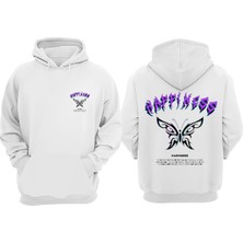The Wert Unisex Happıness Kelebek Tasarım Ön Arka Baskılı Normal Kalıp Beyaz Sweatshirt
