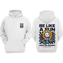 The Wert Unisex Mutlu Aycicegi Tasarım Ön Arka Baskılı Normal Kalıp Beyaz Sweatshirt