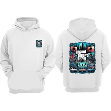 The Wert Unisex San Arreas Grand Poster Tasarım Ön Arka Baskılı Normal Kalıp Beyaz Sweatshirt