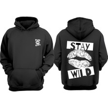 The Wert Unisex Stay Wıld Tasarım Ön Arka Baskılı Normal Kalıp Siyah Sweatshirt