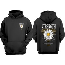 The Wert Unisex Strength Papatya Tasarım Ön Arka Baskılı Normal Kalıp Siyah Sweatshirt
