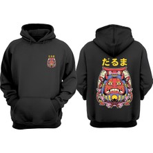 The Wert Unisex Japanese Daruma Tasarım Ön Arka Baskılı Normal Kalıp Siyah Sweatshirt