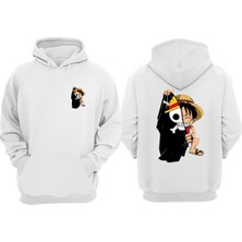 The Wert Unisex Anime Luffy Korsan Bayrak Tasarım Ön Arka Baskılı Normal Kalıp Beyaz Sweatshirt