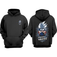 The Wert Unisex Anime Sharıngah Kakashı Tasarım Ön Arka Baskılı Normal Kalıp Siyah Sweatshirt