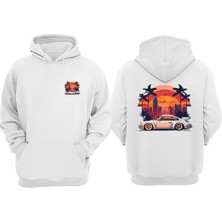 The Wert Unisex Palmiye Şehir ve Car Tasarım Ön Arka Baskılı Normal Kalıp Beyaz Sweatshirt