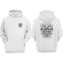 The Wert Unisex Demon Face Şeytan Tasarım Ön Arka Baskılı Normal Kalıp Beyaz Sweatshirt