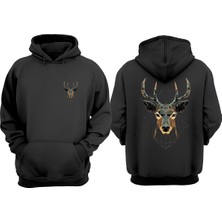 The Wert Unisex Geyik Tasarım Ön Arka Baskılı Normal Kalıp Siyah Sweatshirt