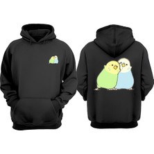 The Wert Unisex Sevgili Muhabbet Kuşları Tasarım Ön Arka Baskılı Normal Kalıp Siyah Sweatshirt