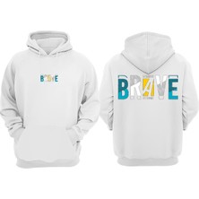 The Wert Unisex Brave Tasarım Ön Arka Baskılı Normal Kalıp Beyaz Sweatshirt