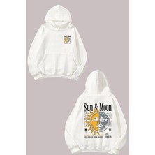 The Wert Unisex Sun And Moon Human Face Tasarım Ön Arka Baskılı Normal Kalıp Beyaz Sweatshirt